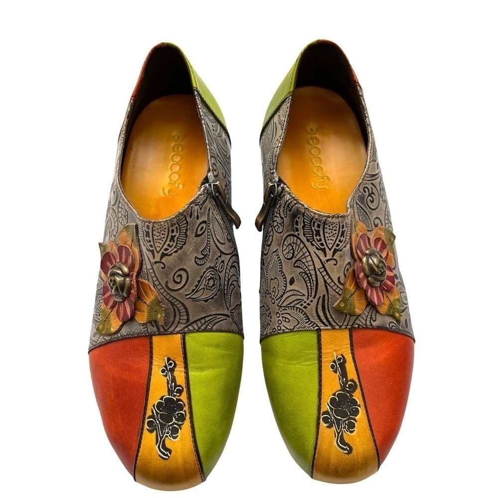 Socofy women’s multicolor leather flower bohemian shoes Size 39